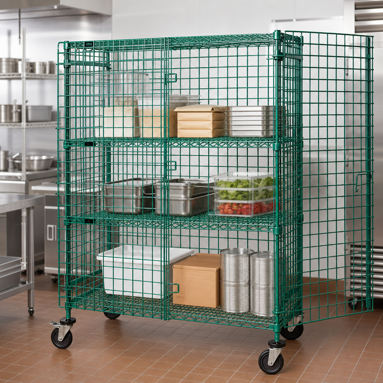 Product image #3 for Quantum Mobile Wire Security Cage with Locking Panel Doors and 2 Intermediate Shelves, 60 x 18 x 69 Inches, Green Epoxy