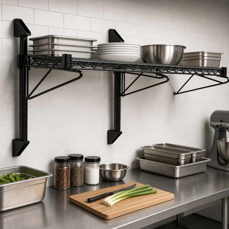 Product image #3 for Quantum Cantilever Wall-Mount Shelf Kit, 72"W x 21"D, Black Epoxy Antimicrobial Finish