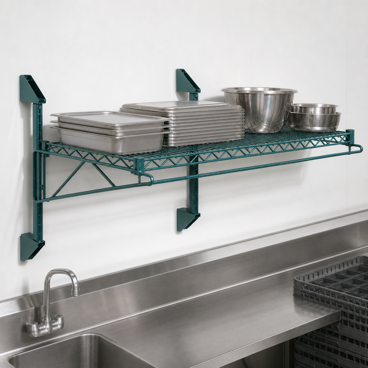 Product image #3 for Quantum Wall-Mounted Cantilever Wire Shelving Unit, 72 x 12 Inch, Green Epoxy