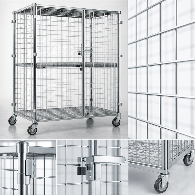 Product image #3 for Eagle Group QuadTruss Mobile Wire Security Cage with Double Doors and Casters, Chrome-Plated Finish, 63-1/4"W x 33-1/4"D x 69"H