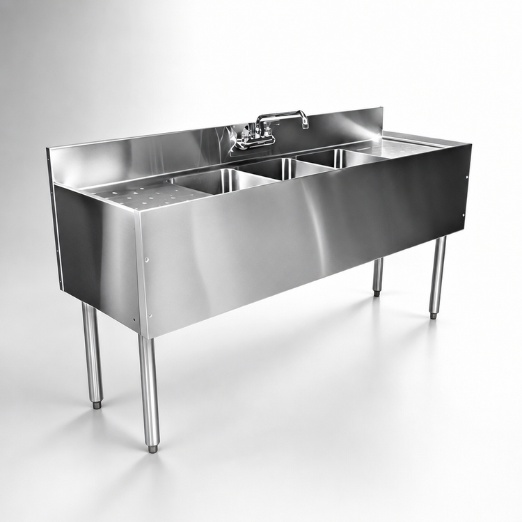 Product image #3 for Choice Four-Compartment Underbar Sink Unit with Dual Drainboards and Deck-Mount Faucet, 84 Inch W x 24 Inch D