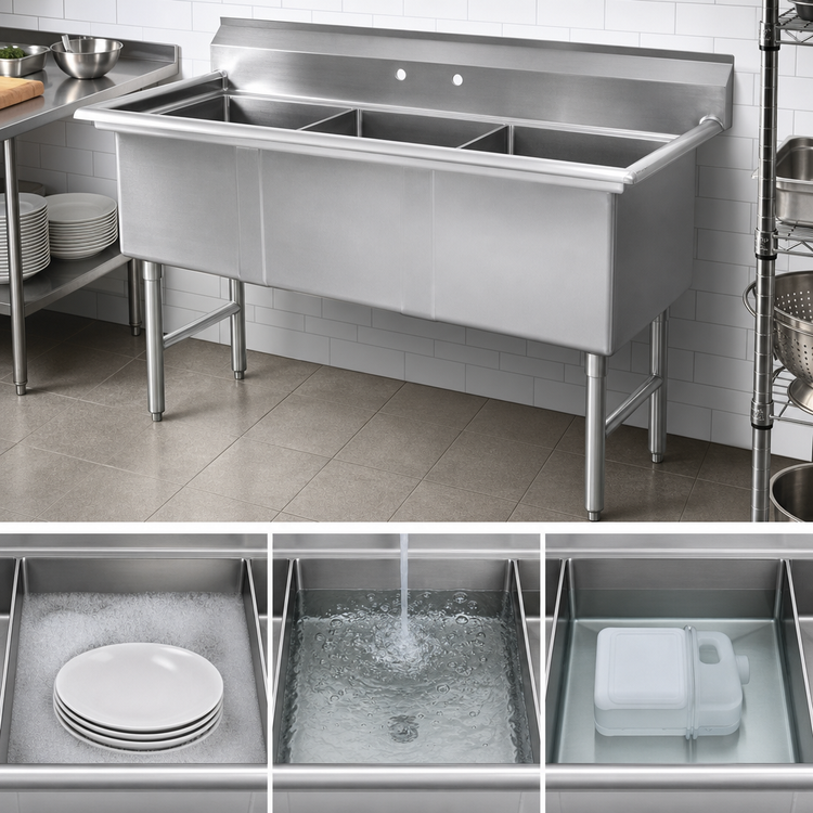 Product image #3 for Advance Tabco FS-3-2430 3-Compartment Fabricated Sink with Stainless Steel Legs, 24 x 30 x 14 Inch Bowls, No Drainboards