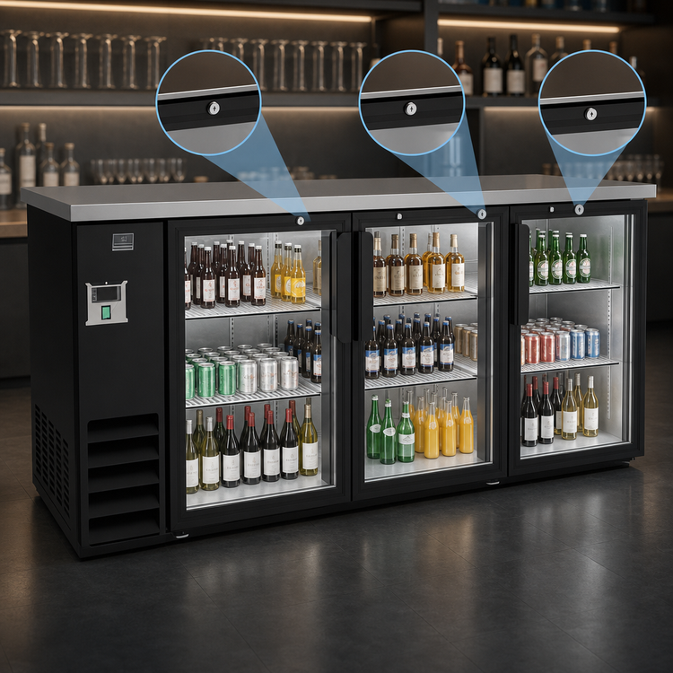 Product image #3 for Kelvinator Commercial 73-Inch 3-Door Glass Back Bar Refrigerator with Stainless Steel Worktop