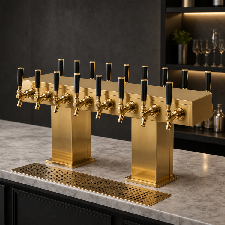 Product image #3 for Perlick Back-to-Back Bridge Tee Countertop Glycol-Cooled Draft Beer Tower with Brass Finish, 16 Faucets