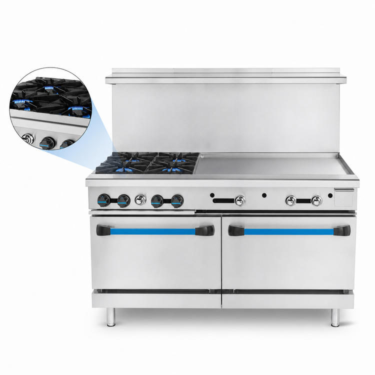 Product image #3 for Turbo Air Bake Tech Innovation Radiance 60-Inch Gas Restaurant Range with 4 Open Burners, 36-Inch Right Griddle, and 2 Standard Ovens