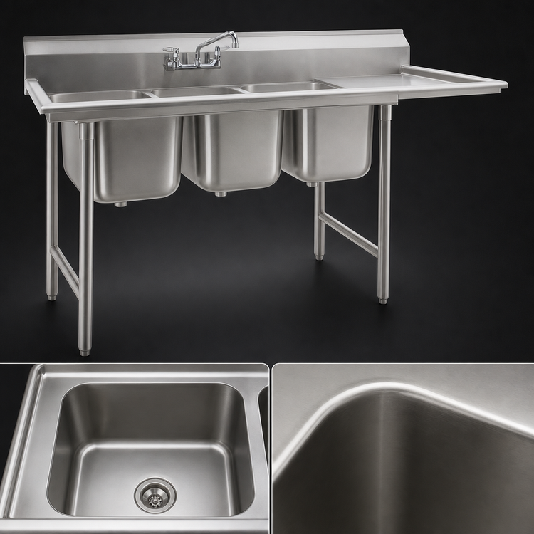 Product image #3 for Eagle Group 414 Series Three-Compartment Coved Corner Sink with Right-Hand 24-Inch Drainboard