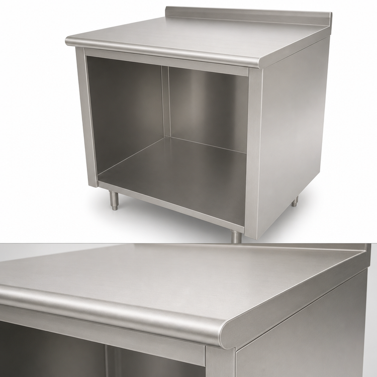 Product image #3 for Advance Tabco Stainless Steel Work Table with Open Front Cabinet Base, 36 Inch W x 24 Inch D, 1-1/2 Inch Rear Backsplash
