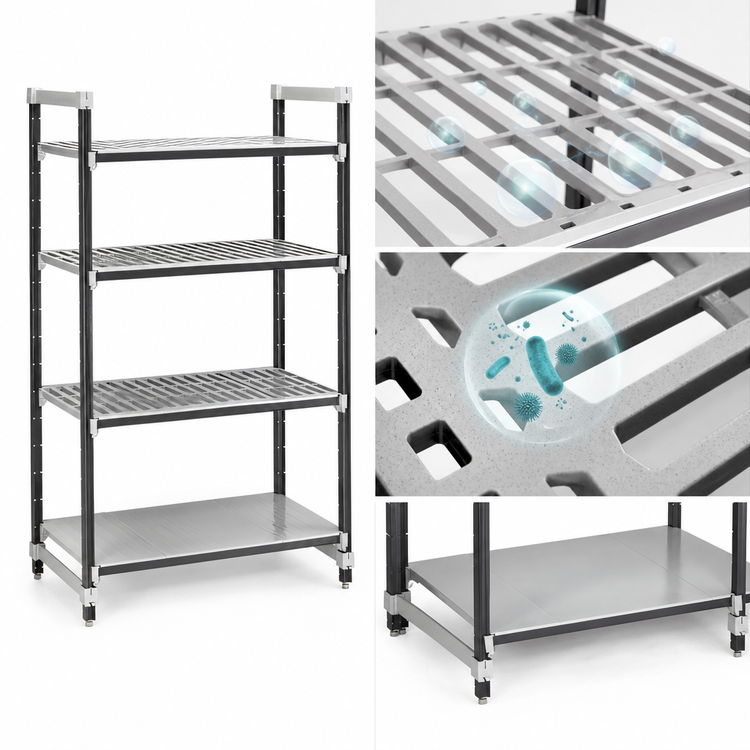 Product image #3 for Cambro Camshelving Elements XTRA 4-Tier Stationary Starter Unit, 21 x 60 x 64 Inches, 3 Vented + 1 Solid Shelves, Speckled Gray