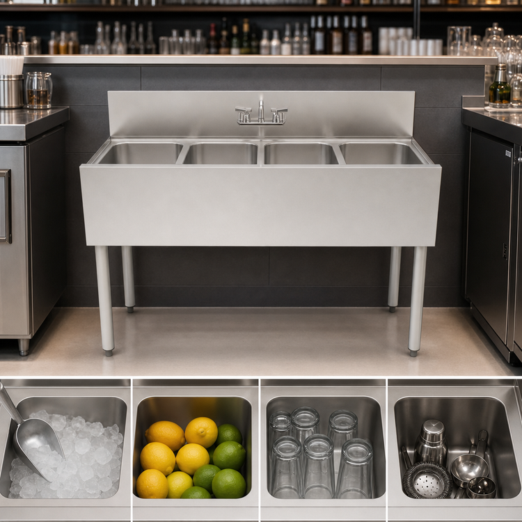 Product image #4 for Top Shelf TS Series 4-Compartment Stainless Steel Underbar Sink Unit with 6-Inch Backsplash, 48 Inch Wide