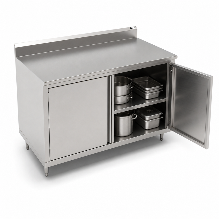 Product image #3 for John Boos Enclosed Work Table with Hinged Doors, 48 Inch x 24 Inch, 14-Gauge 300-Series Stainless Steel Top, 5-Inch Backsplash
