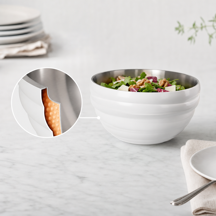 Product image #3 for Vollrath 1.7 Quart Round Double Wall Insulated Serving Bowl with Pearl White Exterior and Satin Stainless Steel Interior