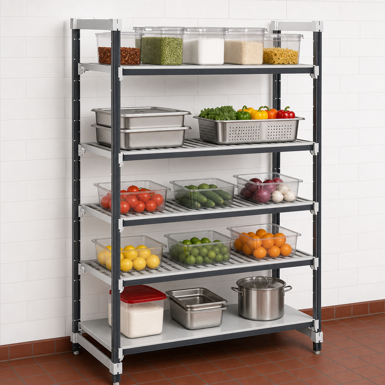 Product image #3 for Cambro Camshelving Elements XTRA 5-Tier Stationary Starter Unit, 18-Inch Deep x 54-Inch Long x 84-Inch High, 4 Vented + 1 Solid Shelves, Speckled Gray
