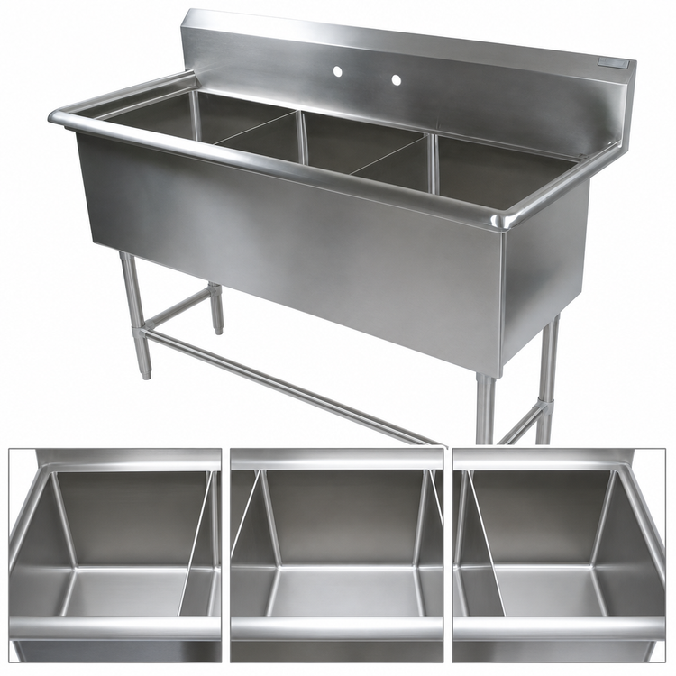 Product image #3 for John Boos Pro-Bowl 3-Compartment Stainless Steel Sink, 59-1/8 Inch W x 23-1/2 Inch D, 10 Inch Backsplash