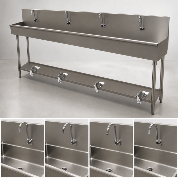 Product image #3 for Advance Tabco 4-Station Floor-Mounted Hand Wash Sink with Toe-Push Valve and Gooseneck Spouts, 80-Inch