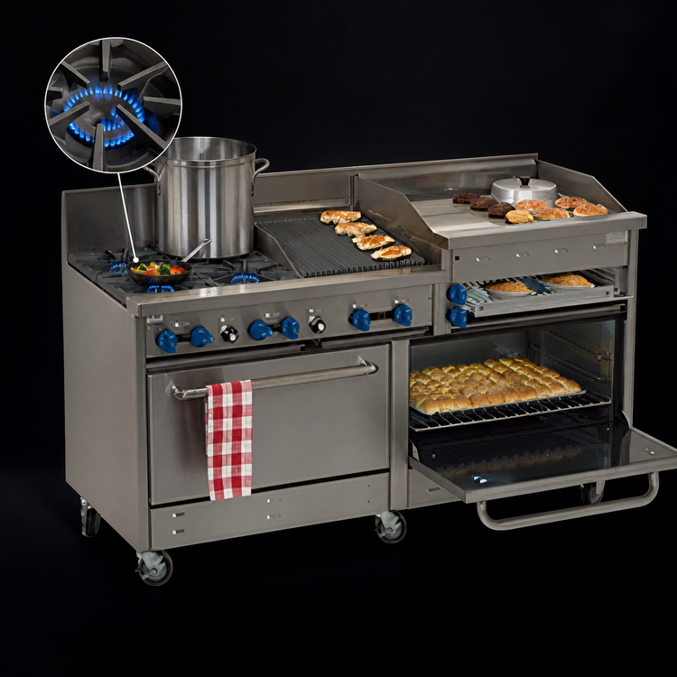 Product image #3 for Comstock-Castle 72-Inch Commercial Gas Range with 2 Open Burners, 30-Inch Raised Griddle, 30-Inch Charbroiler, and 2 Ovens