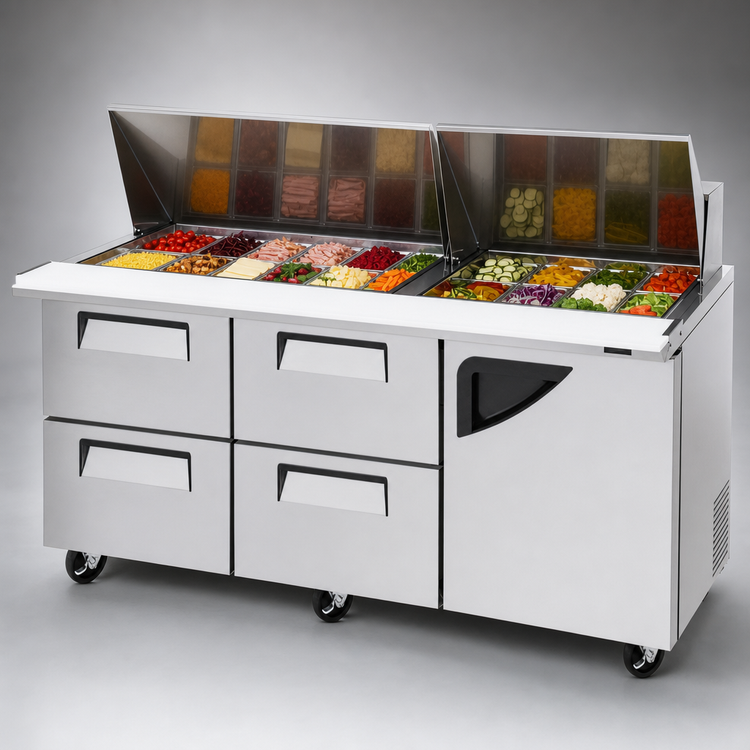 Product image #3 for Turbo Air Super Deluxe 72-5/8-Inch Two-Section Sandwich/Salad Mega Top Prep Table with 4 Drawers, Right-Hinged Door, and 30-Pan Opening
