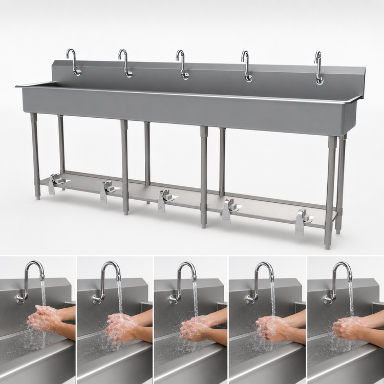 Product image #3 for Advance Tabco 5-Station Freestanding Toe-Push Multiwash Hand Sink with Gooseneck Spouts, 100 Inch, 304 Stainless Steel