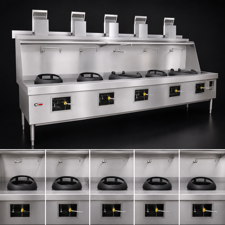 Product image #3 for York YF-5-SS Five-Chamber Gas Wok Range with Water-Cooled Top and Swing Faucets