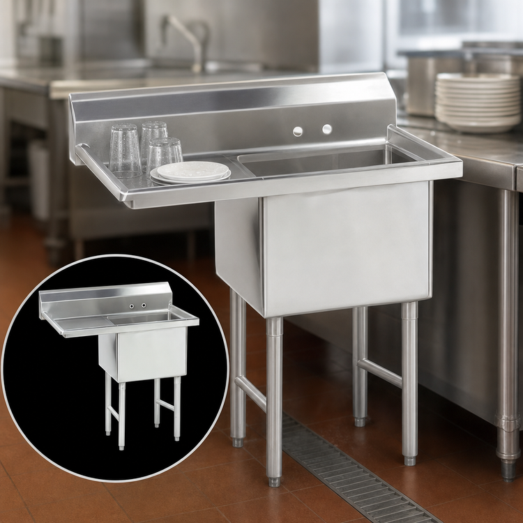 Product image #3 for Advance Tabco Special Value Series 1-Compartment Fabricated Sink with Left Drainboard, 18" x 18" x 14" Bowl, 16-Gauge 304 Stainless Steel