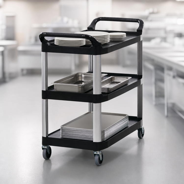 Product image #3 for Rubbermaid Commercial Products Xtra Open-Sided 3-Shelf Utility Bus Cart with 4-Inch Swivel Casters, Black