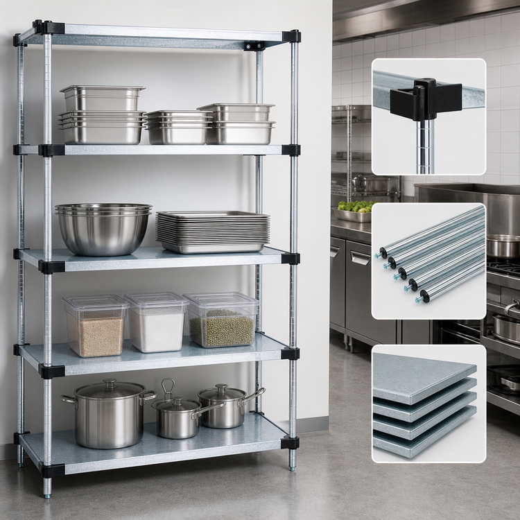 Product image #3 for Quantum Solid Shelving Starter Kit, 72"W x 24"D x 86"H, Stationary, Galvanized Steel Shelves with Chrome Posts