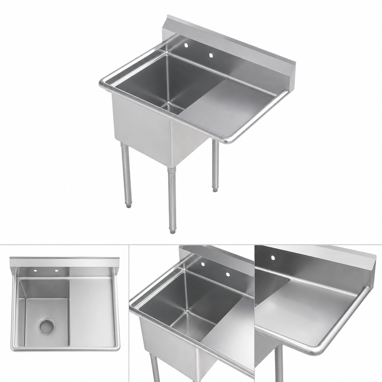 Product image #3 for Sapphire Manufacturing 18-Gauge 304 Stainless Steel 1-Compartment Sink with Right-Hand Drainboard, 32-1/2"W x 20-1/2"D x 44-1/4"H