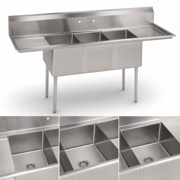 Product image #3 for John Boos E-Series 3-Compartment Stainless Steel Sink with Dual Drainboards, 60-Inch W x 25-1/2-Inch D