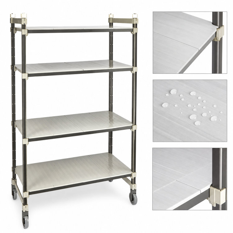 Product image #3 for Cambro Camshelving Elements XTRA High Density Top Rail 4-Shelf Solid Mobile Starter Unit, 18 x 36 x 80 Inches, Speckled Gray