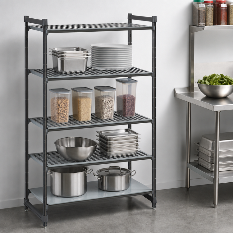 Product image #3 for Cambro Camshelving Basics Plus 4-Tier Stationary Starter Unit, 21 x 54 x 64 Inches, Vented and Solid, Brushed Graphite