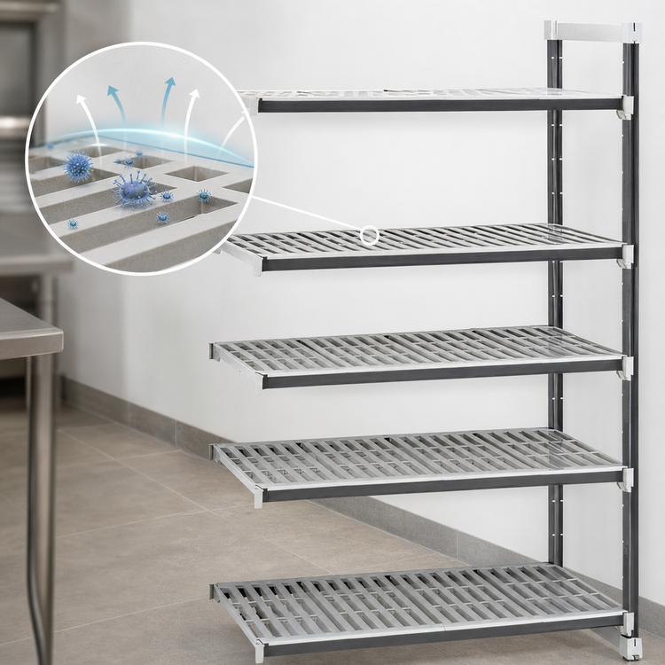 Product image #3 for Cambro Camshelving Elements XTRA 5-Tier Stationary Add-On Vented Polymer Shelving Unit, 21-Inch Deep x 72-Inch Wide x 64-Inch High, Speckled Gray