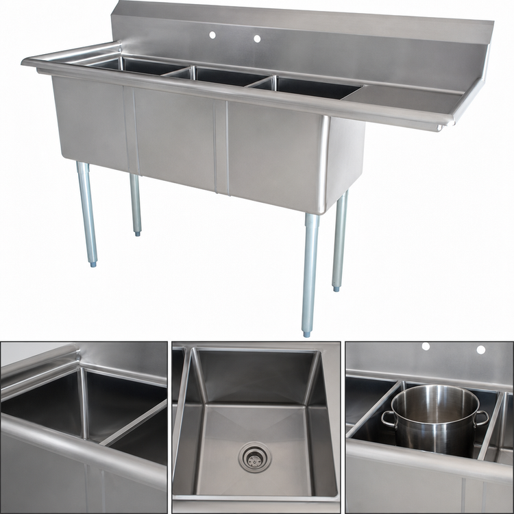 Product image #3 for Omcan USA 3-Compartment Pot Sink with Right Drainboard, 304 Stainless Steel