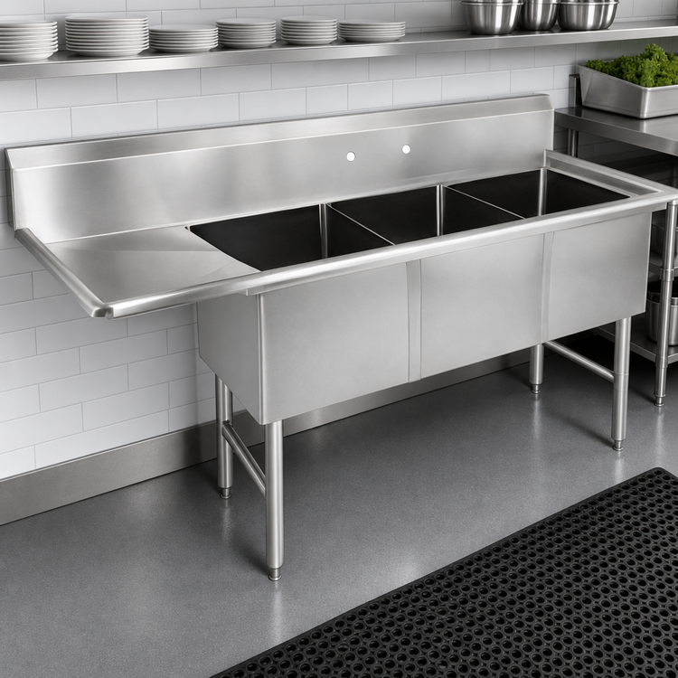 Product image #3 for John Boos B Series 3-Compartment Floor Model Sink with Left Drainboard, 76-3/16-Inch x 29-1/2-Inch x 44-Inch, Stainless Steel