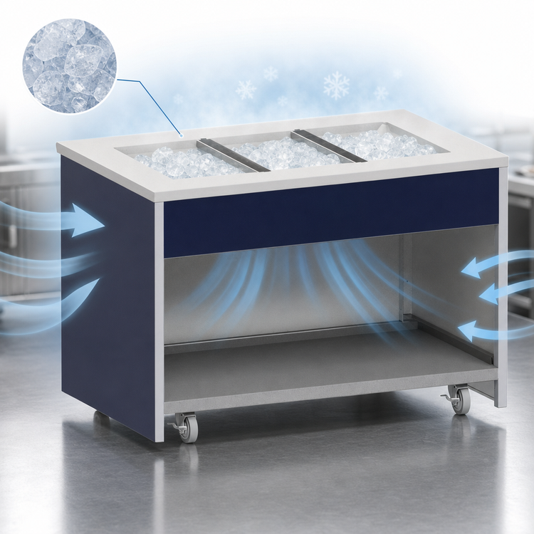 Product image #3 for Atlas Metal INFIC-5 Mobile Ice Cooled Cold Food Unit with Open Cabinet Base, 5-Pan Capacity