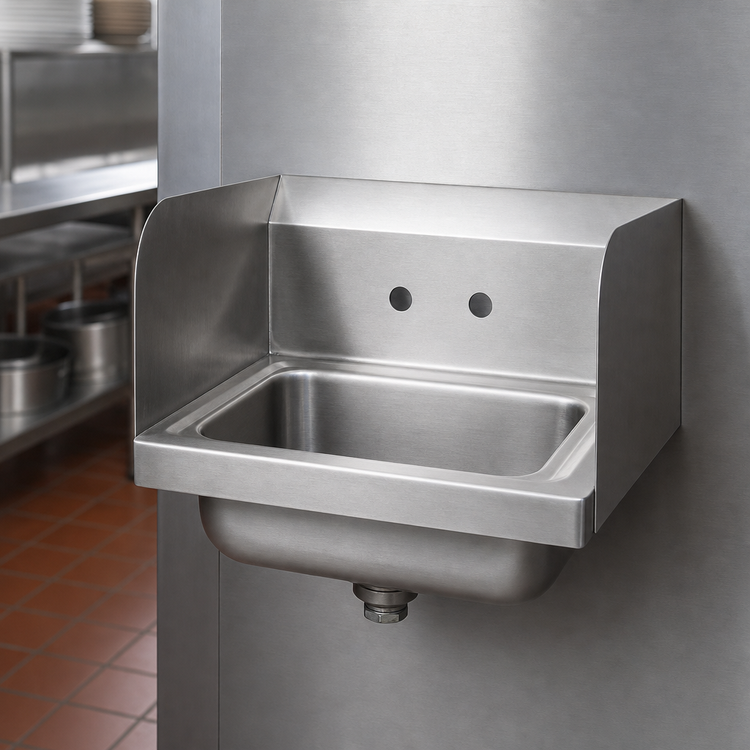 Product image #3 for Advance Tabco Special Value Series Wall-Mounted Hand Wash Sink with Side Splashes, 14" x 10" x 5" Bowl, 304 Stainless Steel
