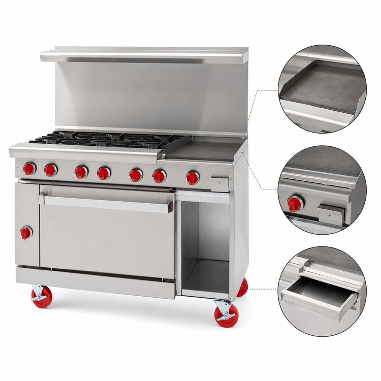 Product image #3 for American Range 48-Inch Gas Restaurant Range with 36-Inch Griddle, Two Open Burners, Convection Oven, and Storage Base