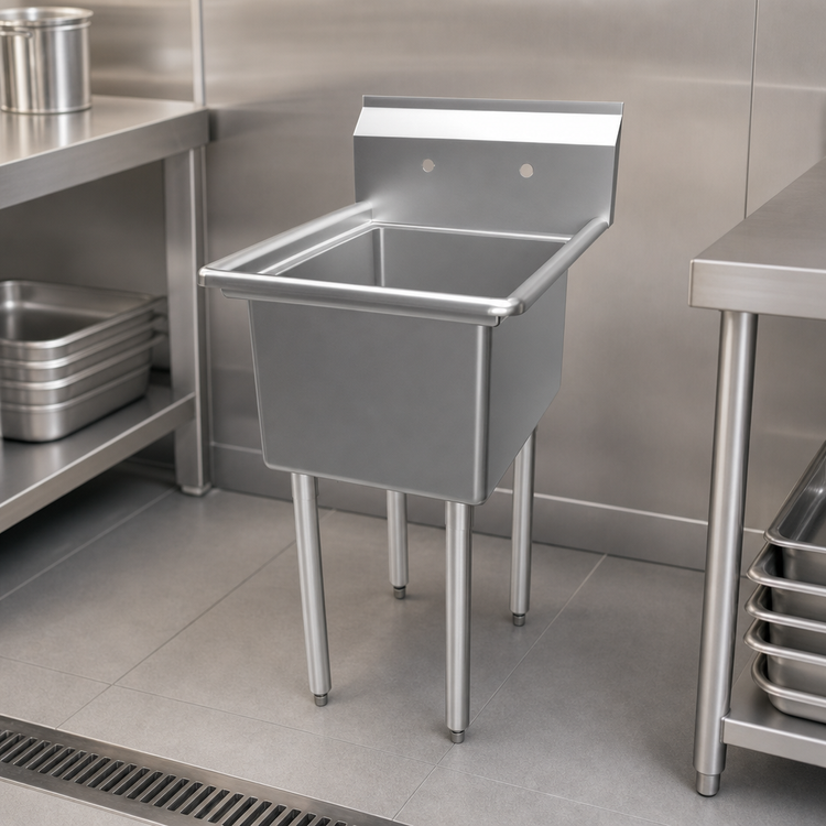 Product image #3 for BK Resources Economy 1-Compartment Stainless Steel Sink on Legs, 16" x 20" Bowl, 9" Backsplash