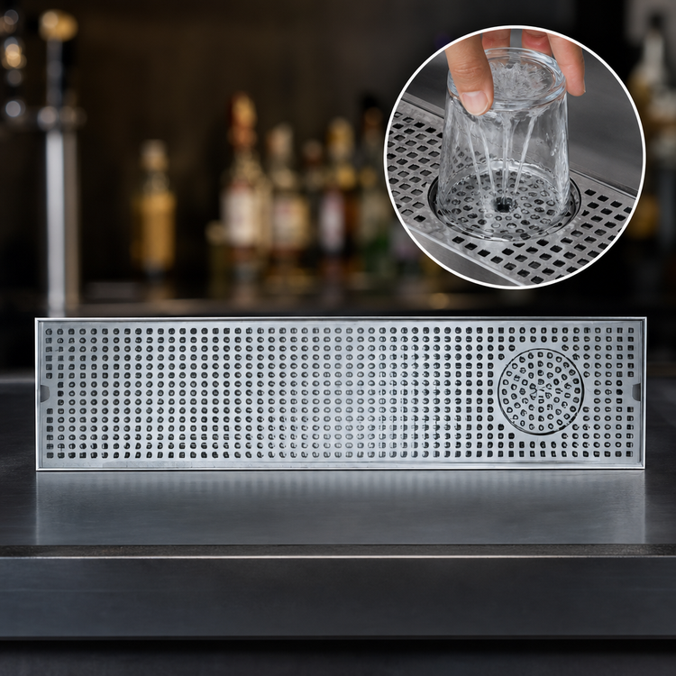 Product image #3 for 8 x 33 Inch Surface Mount Stainless Steel Drip Tray Trough with Integral Glass Rinser