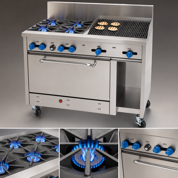 Product image #3 for Comstock-Castle 48-Inch Gas Range with 6 Open Burners, 12-Inch Char-Broiler, 31.5-Inch Oven and Storage Cabinet Base