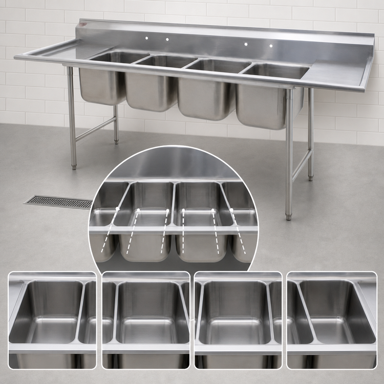 Product image #3 for Eagle Group 414 Series Coved Corner Four-Compartment Sink with Double 18-Inch Drainboards