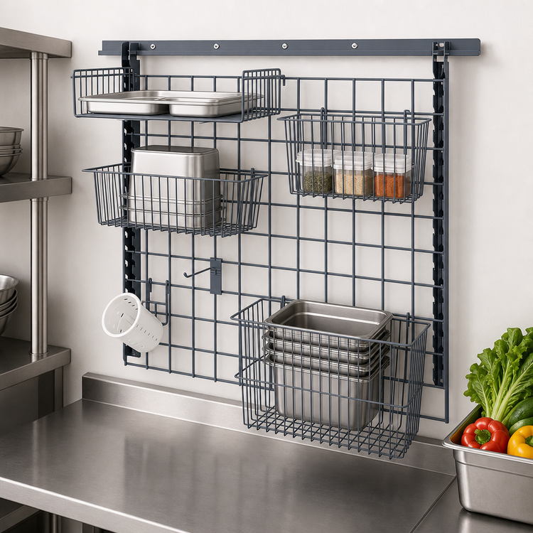 Product image #3 for Quantum Store Grid Medium-Duty Wall-Mounted Shelving Starter Kit with Shelves, Baskets, and Hooks