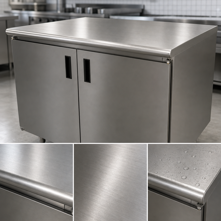 Product image #3 for Advance Tabco 48-Inch x 36-Inch Enclosed Stainless Steel Work Table with Cabinet Base, Mid-Shelf, and Hinged Doors