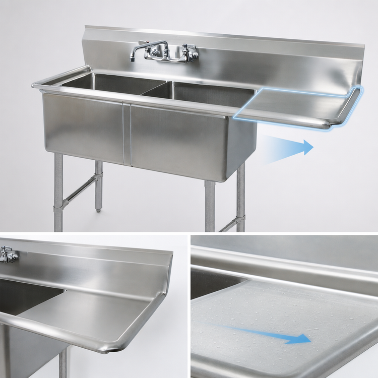 Product image #3 for BK Resources Two Compartment Stainless Steel Sink with 24-Inch Right-Hand Drainboard and 10-Inch Backsplash