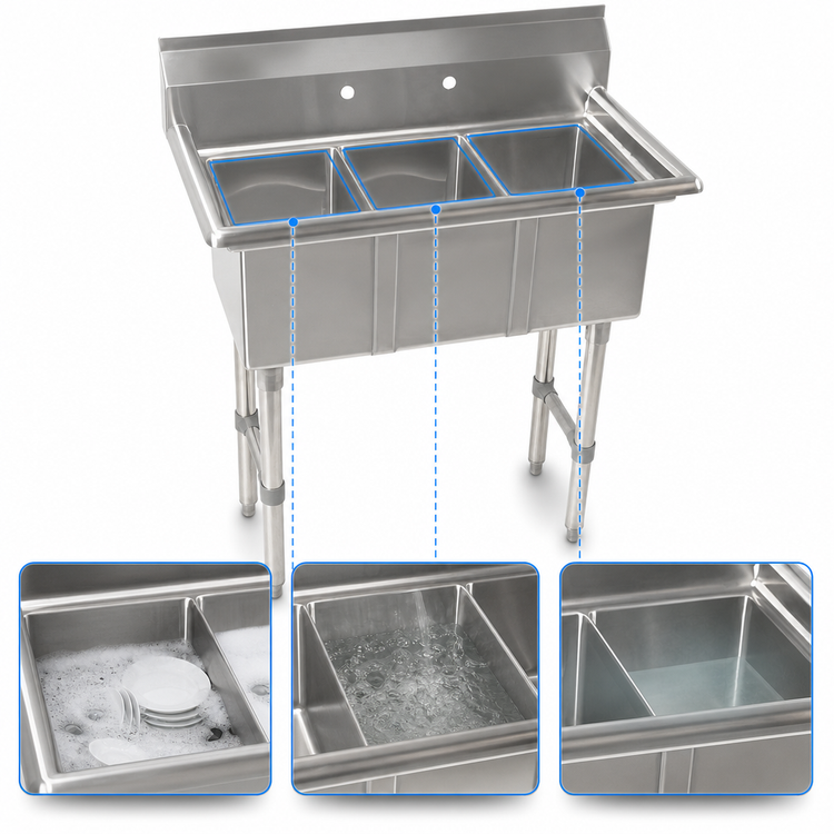 Product image #3 for Klinger's Trading CON3 35-Inch Three-Compartment Stainless Steel Convenience/Deli Sink Without Drainboards