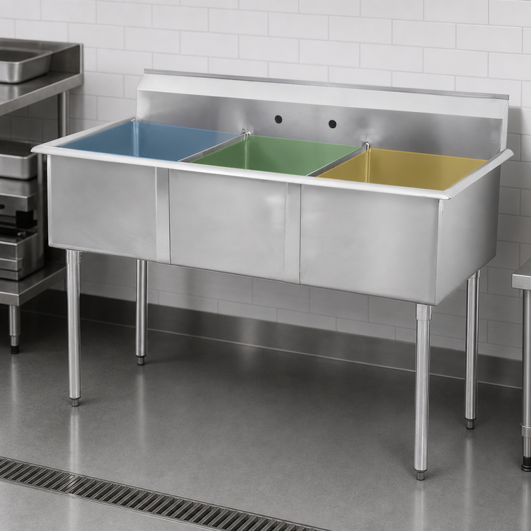 Product image #3 for Sapphire Manufacturing 3-Compartment Budget Sink with Legs, 75 x 24-1/2 Inch, 18-Gauge Stainless Steel