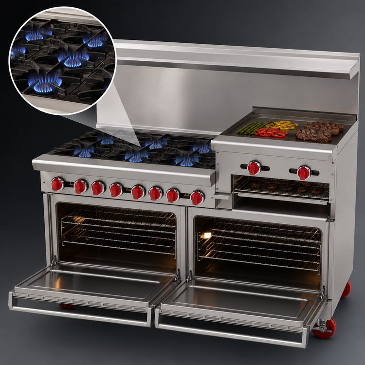 Product image #3 for American Range 72-Inch Gas Restaurant Range with 8 Open Burners, Right-Side 24-Inch Griddle/Broiler, and 2 Standard Ovens