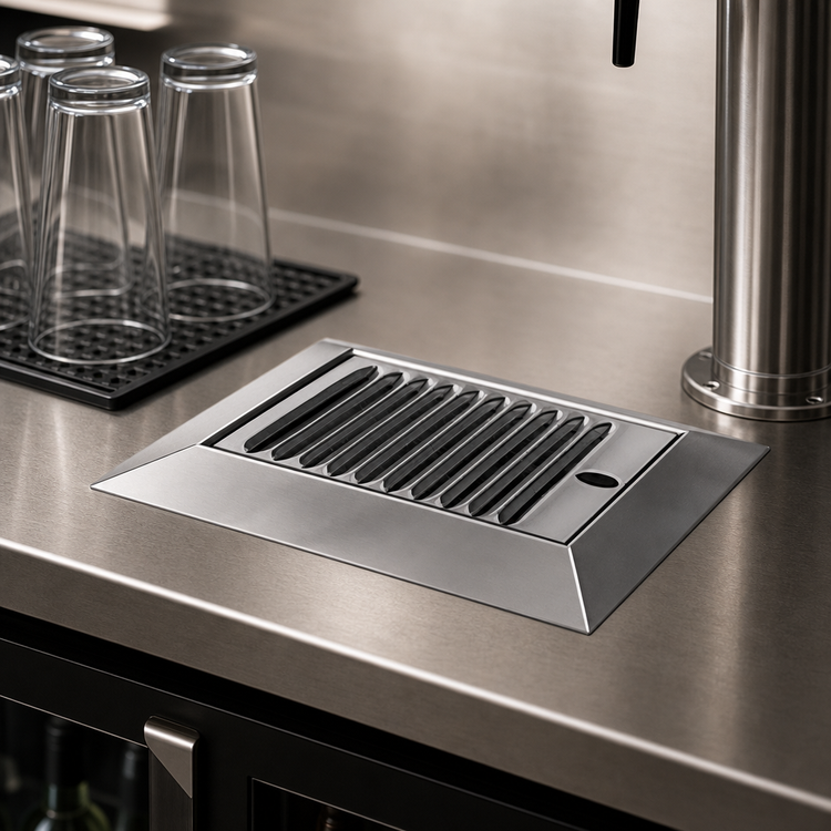 Product image #3 for Perlick C18000 Series Stainless Steel Surface-Mount Drip Tray Trough with Beveled Edge and Removable Louvered Glass Rack