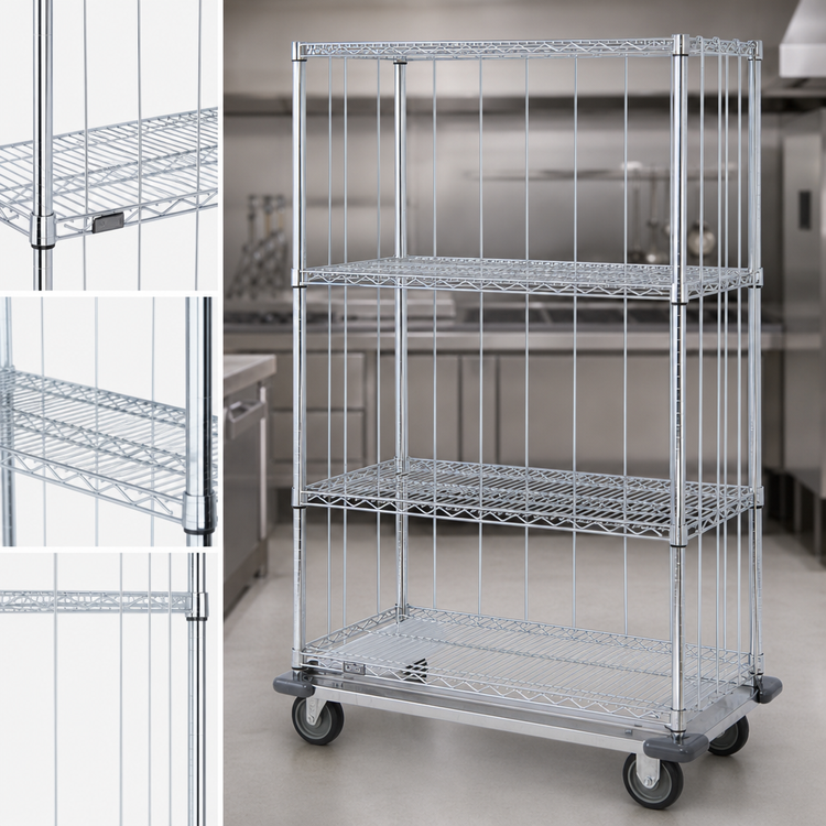 Product image #3 for Mobile Wire Shelving Enclosure Cart with Dolly Base, 4 Shelves, 36W x 18D x 70H, Chrome Plated