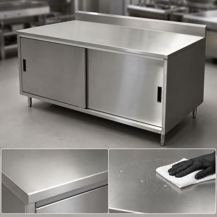 Product image #3 for BK Resources 72-Inch x 24-Inch Stainless Steel Chef Table with Cabinet Base, Sliding Doors, and 5-Inch Backsplash