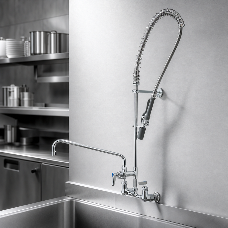 Product image #3 for T&S Brass EasyInstall 8-Inch Wall Mount Mixing Pre-Rinse Unit with Add-On Faucet and 14-Inch Swing Nozzle