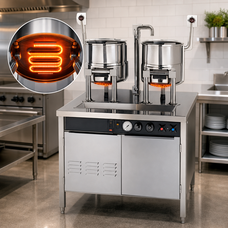 Product image #3 for Groen Electric Double 20-Quart Hand-Tilt Kettle Cabinet Assembly with 36-Inch Stainless Steel Base
